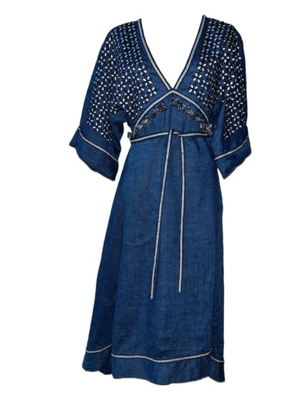 My Sleeping Gypsy Dress M Blue Linen Embroidered Harmony Boho Balance Shaman EUC
